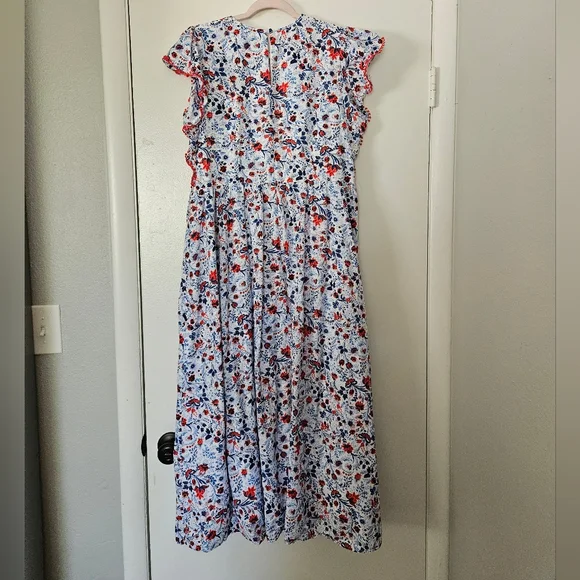 Ann Taylor Floral Ruffle Sleeve Maxi Dress Large Red White & Blue - Picture 7 of 11